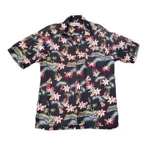 Utility Retro Hawaiian Floral Dancer Button Down Collared Short Sleeve T Shirt